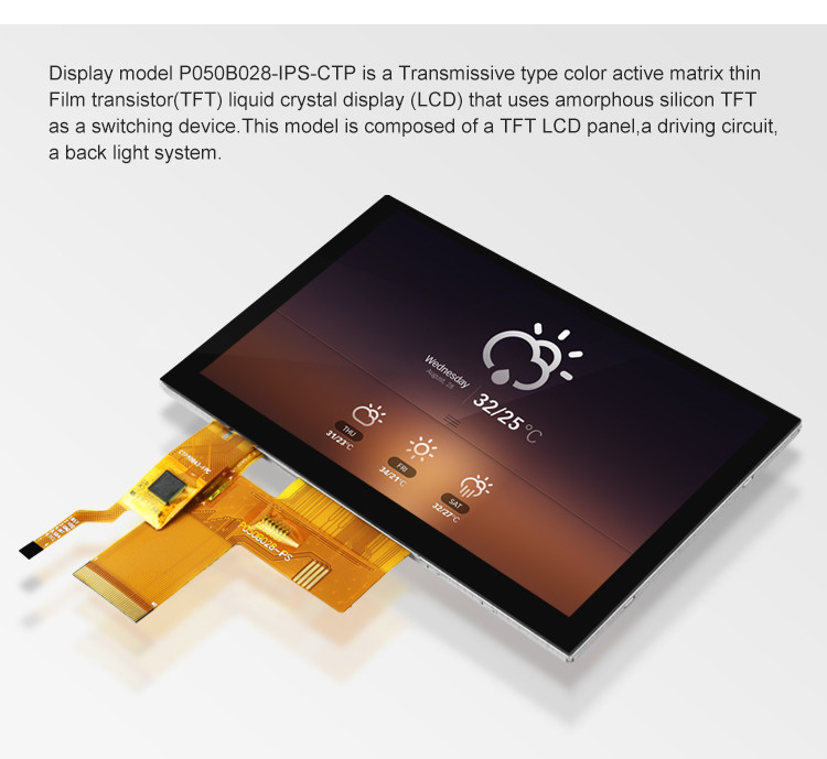 5 Inch Tft LCD Kapasitatif Dokunmatik Ekran Yüksek Parlaklık 800x480 Çözünürlük Rgb Arayüzü Ips