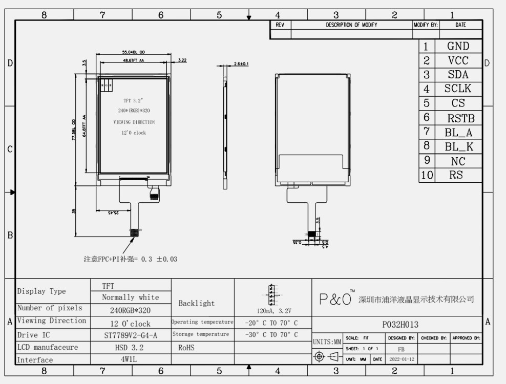 Polcd ST7789V 3,2 İnç Tft Lcd Renkli 262K TFT LCD Ekran 48,6mm 12 0'SAAT