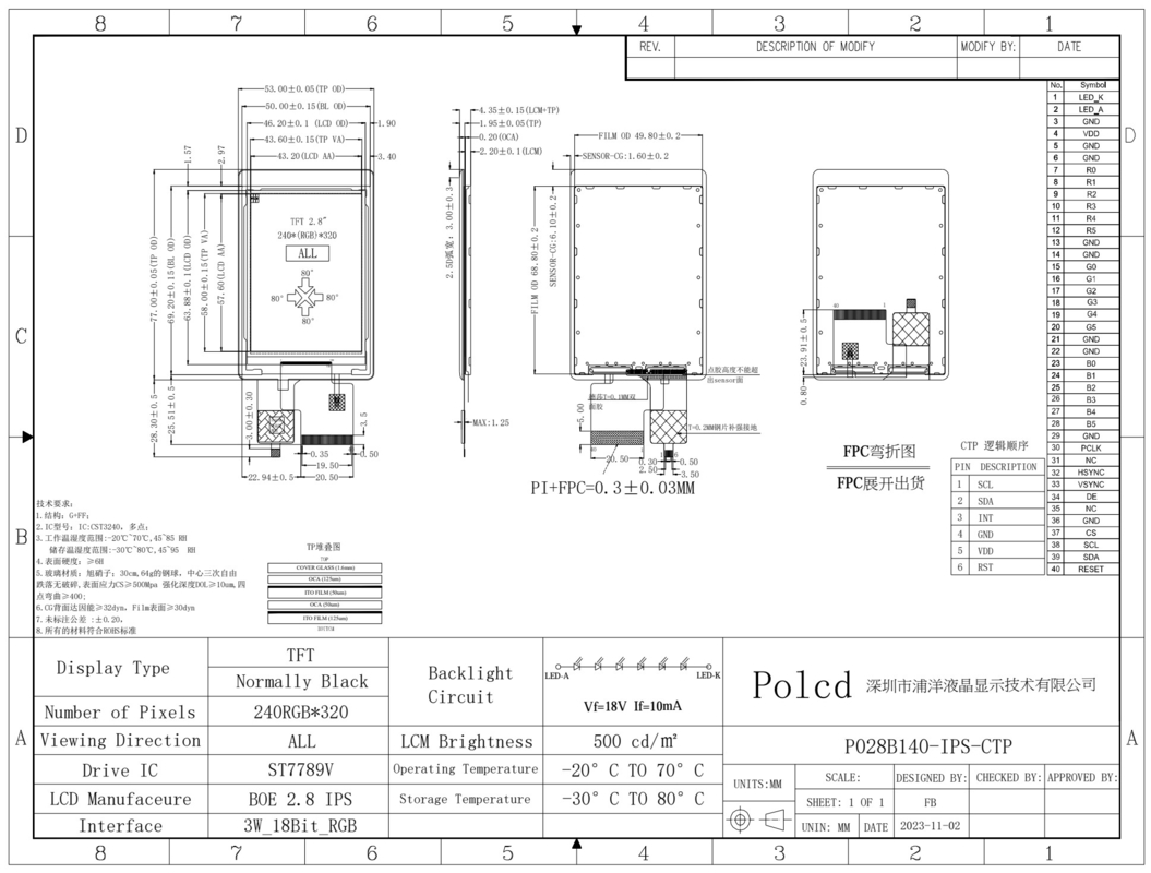 Polcd Yüksek Parlaklık 500nit 2.8 inç LCD Ekran 240x320 IPS tüm açı CTP Kapasitif Dokunmatik TFT Ekranı