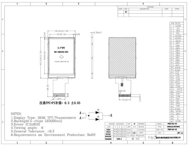 Polcd ILI8961 2.7 Tft Lcd 960X240 TFT LCD Ekran RGB 8 Bit 6 0'CLOCK