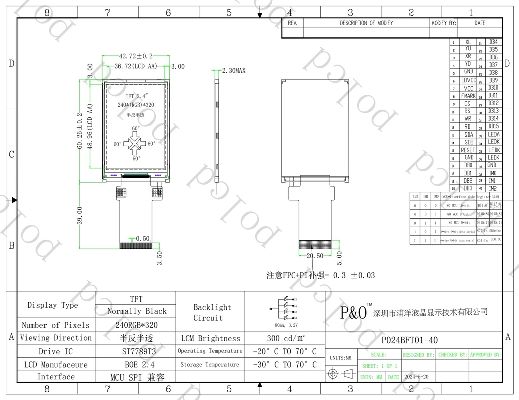 Polcd 2.4 inç LCM Modülü Transflektif SPI MCU kaynak 20pin çözünürlüğü 240x320 TFT LCD Ekranı