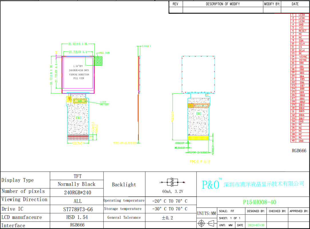 Polcd 1.54 Inch TFT LCD Ekranı 240x240 IPS Kare Ekran 40 Pin RGB666 Arayüz LCD Panel