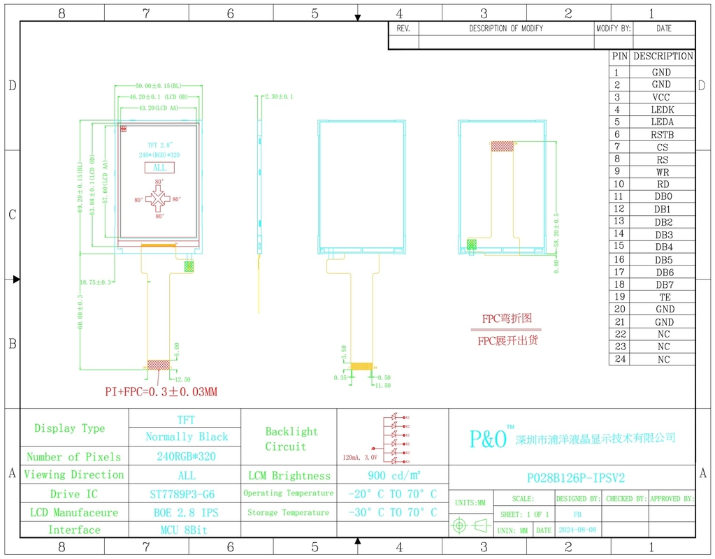 Polcd 2.8 Inch LCD Ekran 240x320 MCU Arayüz Geniş Görünüm Açısı TFT ST7789P3-G6 ile Transflektif LCD Modülü