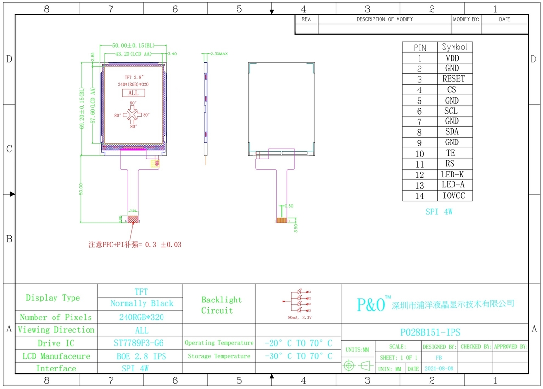 Polcd 2.8 Inch 240*320 Ips Tft Lcd Screen Spi Interface Tüm Serbest Görme Köşesi Panel Ekran Modülü