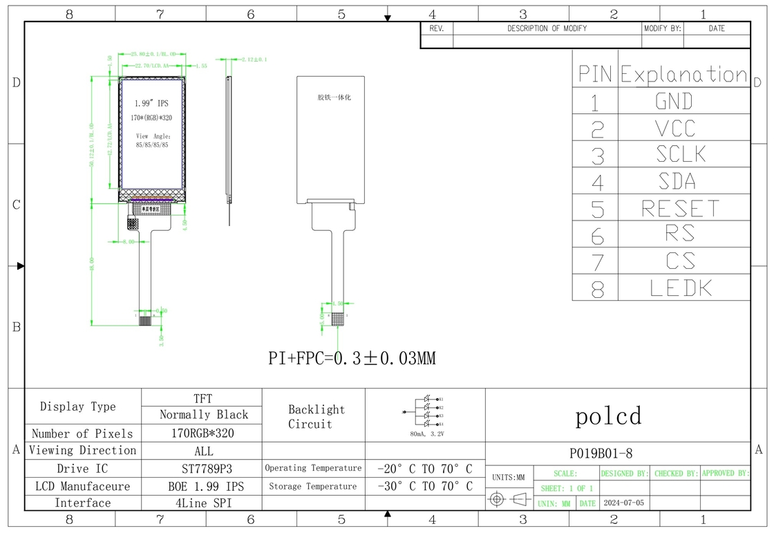 Polcd 1.9 inç 170*320 ST7789P3-G6 SPI Bar TFT LCD Modülü Ekran 8 Pin IPS Dikey LCM Ekranı