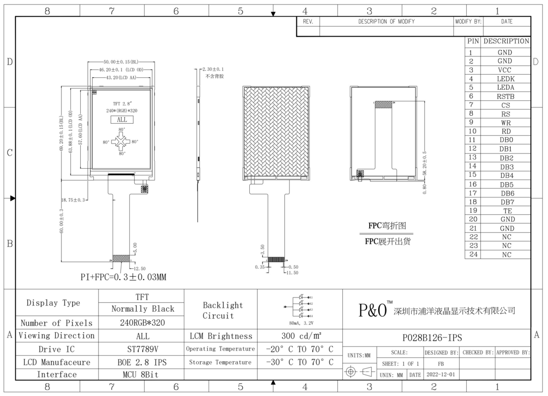 Polcd 2.8 Inch LCM Modülü 240x320 Çözünürlük MCU arayüzü ST7789V 24 pin IPS TFT LCD Ekran Ekranı
