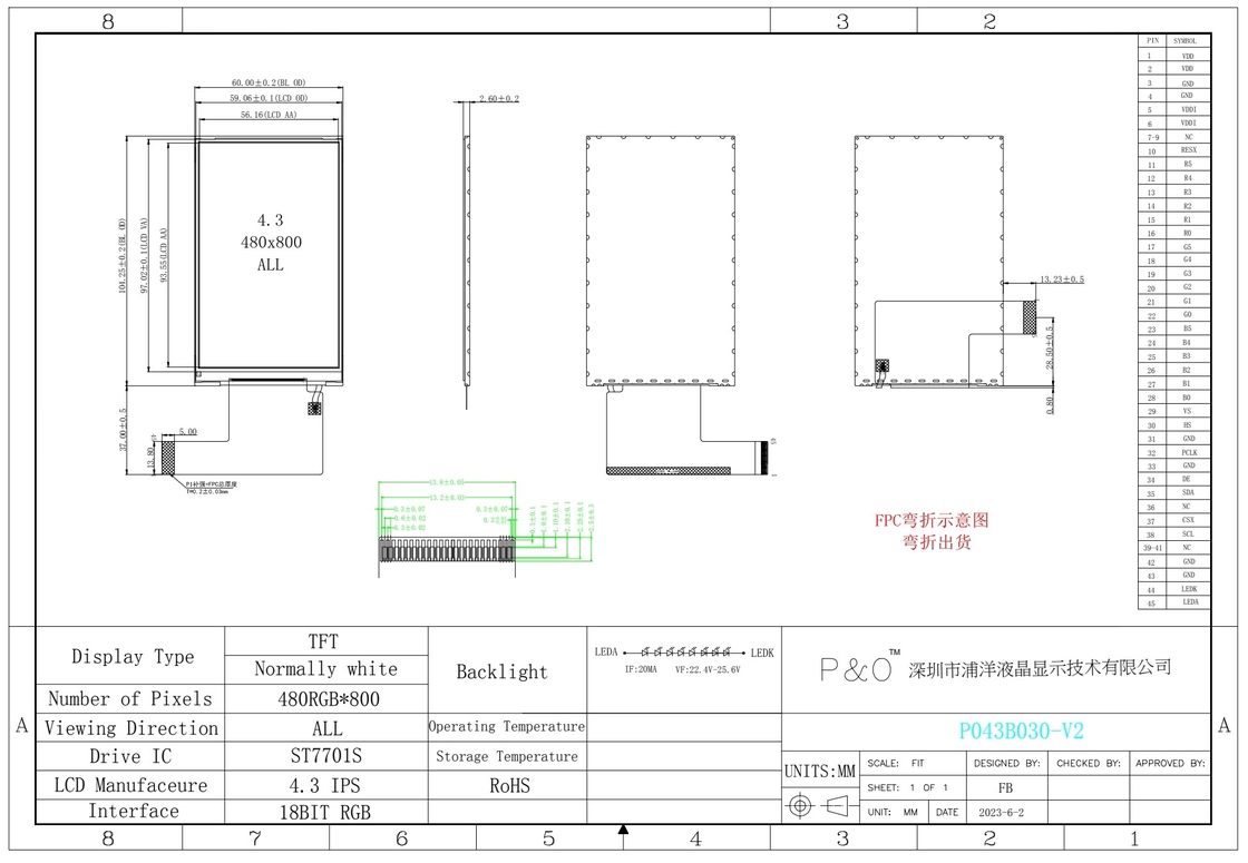 Polcd 480x800 4.3 inç LCD Ekran 400nit Parlaklık 18 bit RGB arayüzü Tft Ekran