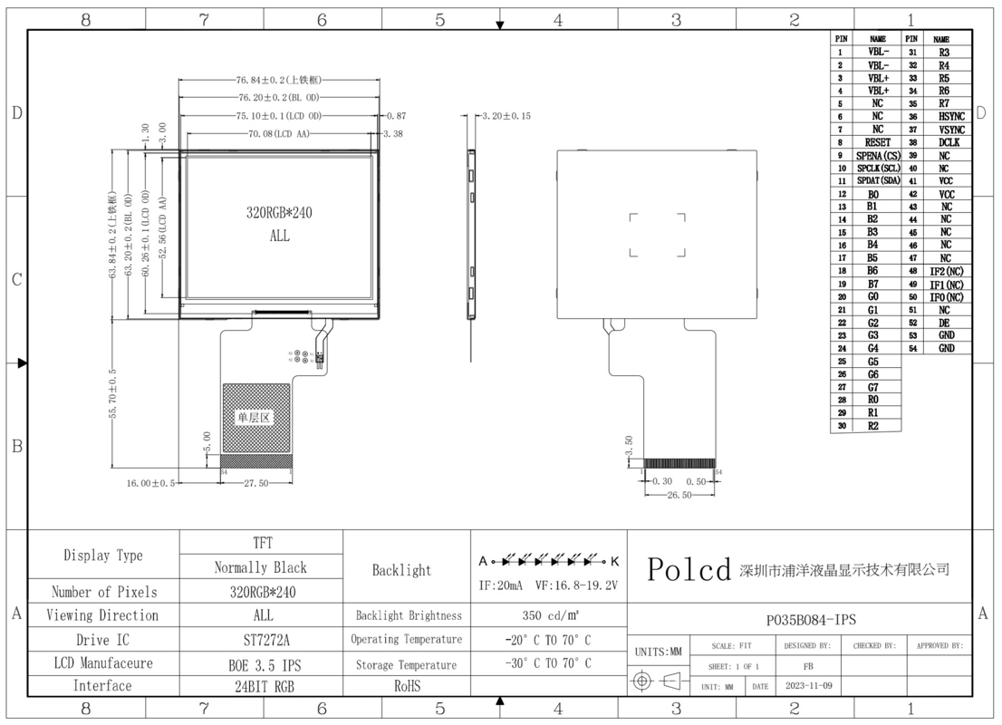 Polcd Factory 3.5 inç TFT LCD 320 * 240 SPI RGB arayüzü Araç Ekranı 3.45 inç LCD Ekran Modülü