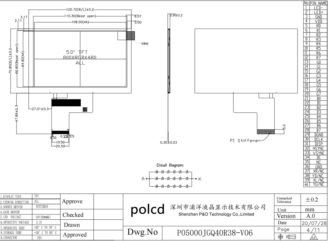 Polcd 5 Inch TFT LCD 800x480 500nits Parlaklık RGB 24 bit Arayüz IPS Ekran Modülü