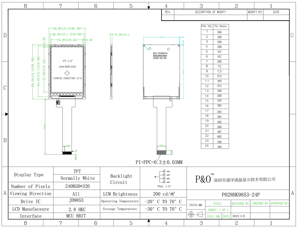 Polcd 2.8 Inch 240*320 çözünürlük 50pin Tft LCD Ekran Ekran Modülü 2.8