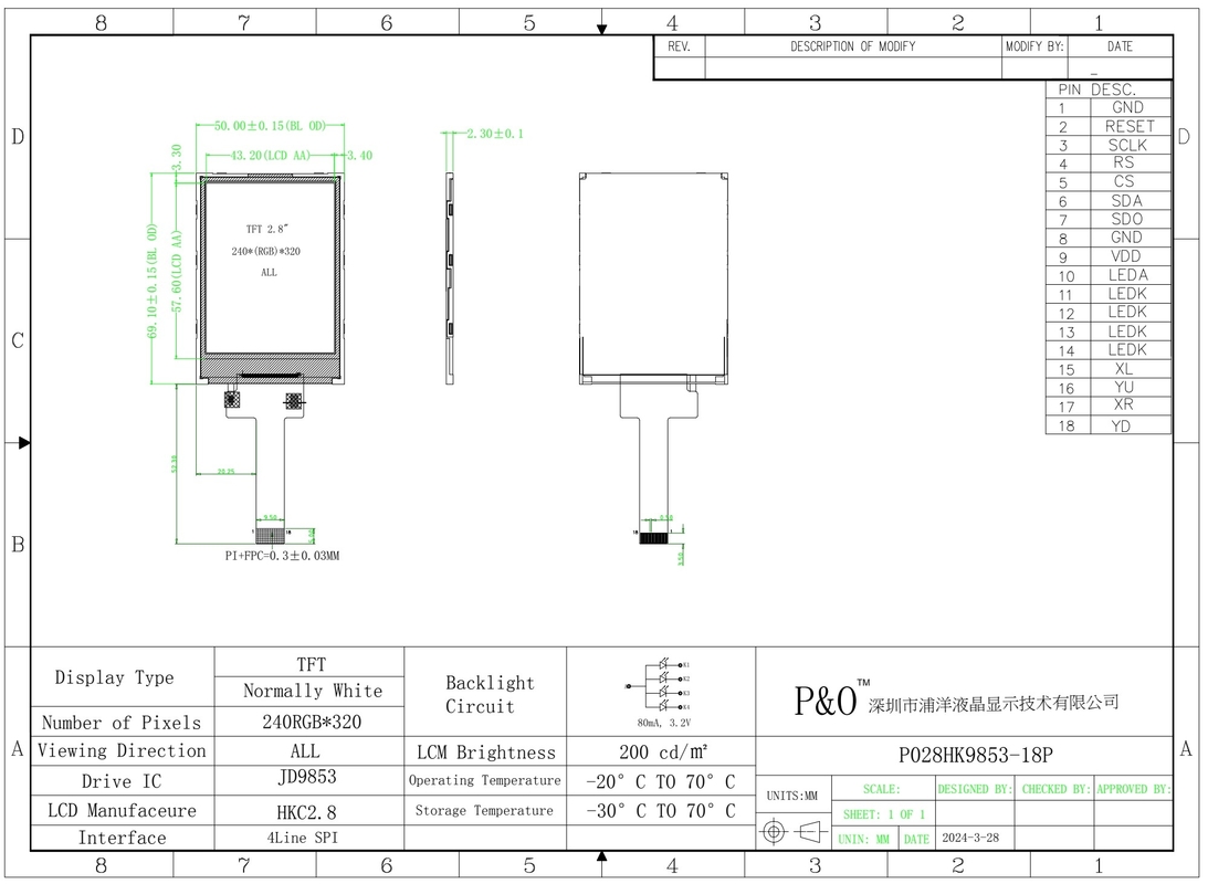 Polcd 2.8 inç 240x320 IPS TFT LCD Ekranı SPI JD9853 IC Tüm Serbest Görme Açısı Panel Ekran Modülü