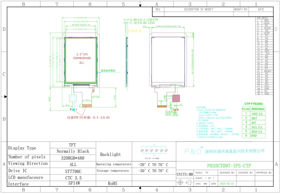 Polcd CTP 320x480 Çözüm 30pin 3.5 Inch TFT LCD Dokunmatik Ekran Modülü 330 nit TN Cam LCD Ekranı