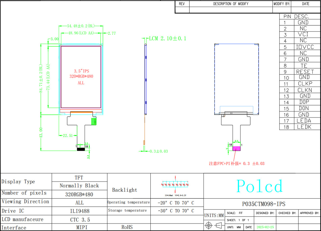 Polcd 3.5 Inch IPS TFT LCD 320*480 Ili9488 Sürücü Ic 600:1 Kontrast oranı LCD Ekran Modülleri