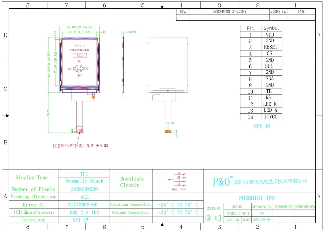 Polcd 2.8 inçlik matris 240x320 TFT Ekran 20 Pin FPC LCM ST7789 Özelleştirilebilir Üretici LCD Modülü