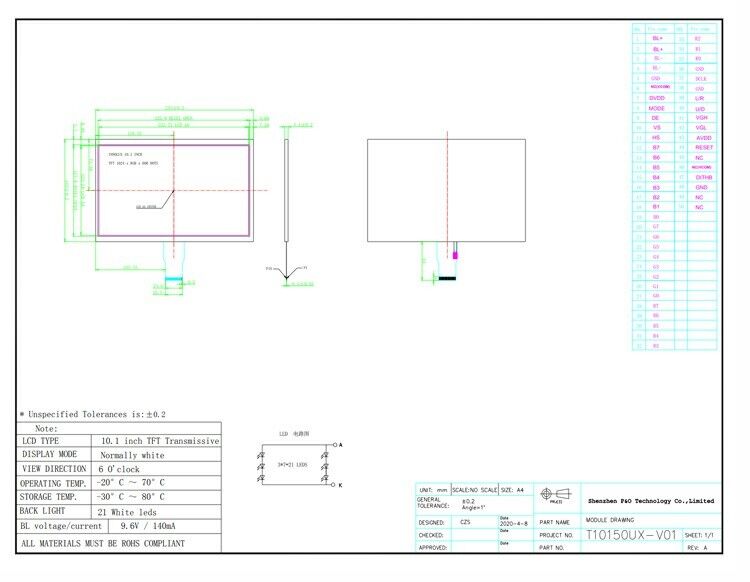 Polcd Çözünürlük 1024X600 10.1 İnç Lcd Ekran EK79001 Tft Ekran Modülü 750 Nit
