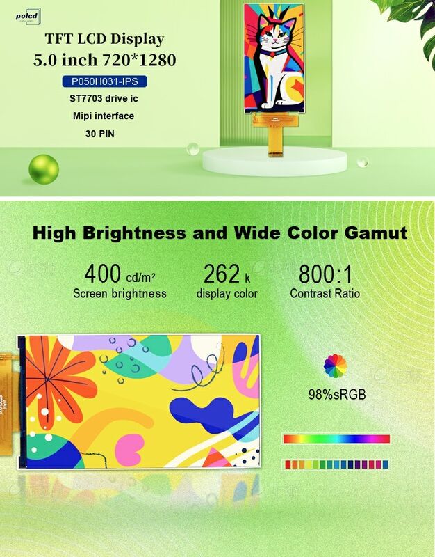 Polcd Özel LCD 5.0 inç TFT Panel IPS LCD Ekran 400nit 720x1280 LCM Ekran Modülü