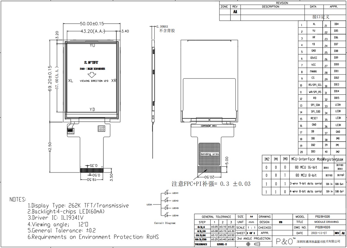 Polcd 2.8 Inch TFT Modülü 240x320 Çözünürlük SPI MCU arayüzü ILI9341v TFT İletişimsel 2.8 
