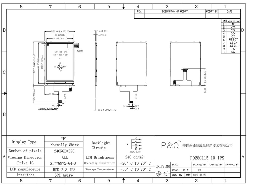 Polcd 2.8 inç IPS Ekran LCM Modülü 240x320 SPI Arayüzü ST7789V Yüksek Parlaklıklı TFT LCD Ekranı