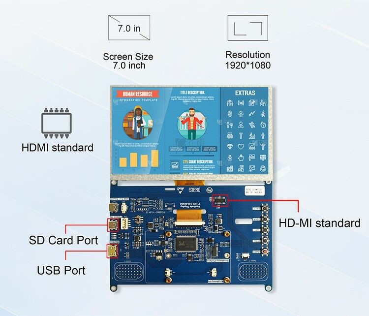 Polcd Yüksek Parlaklık 7 Inch 1024x600 RGB LCD Drive Board RTD2281 Endüstriyel Dış Görüntüleme için Ses Hoparlörü