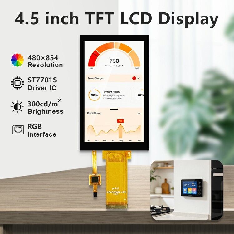 Polcd 4.5 Inch TFT LCD Panel 480 * 854 Çözünürlük Kapasitatif Dokunmatik Ekran 40pin LCD Renkli Ekran