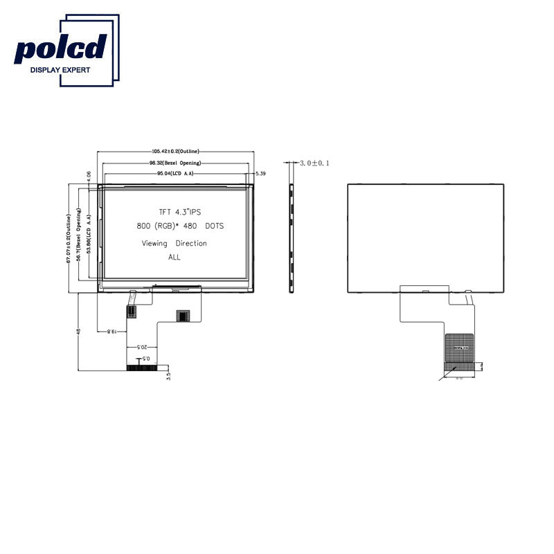 Polcd ST7262E43 4.3 İnç Kapasitif Dokunmatik Ekran 40 Pin Lcd 800x480 300 Nit
